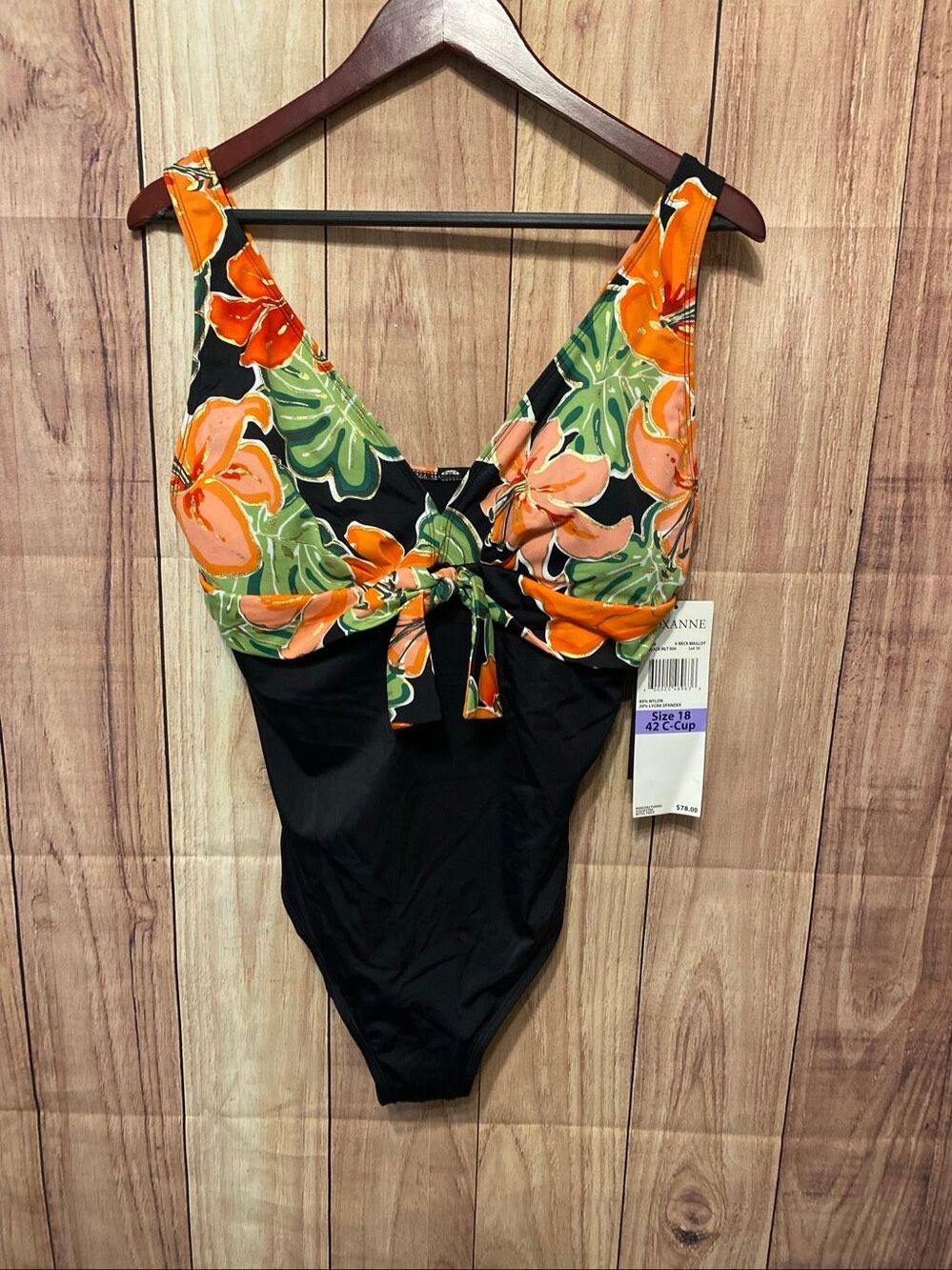 Roxanne size 18 42C NWT V-neck one piece swimsuit black orange Maillot